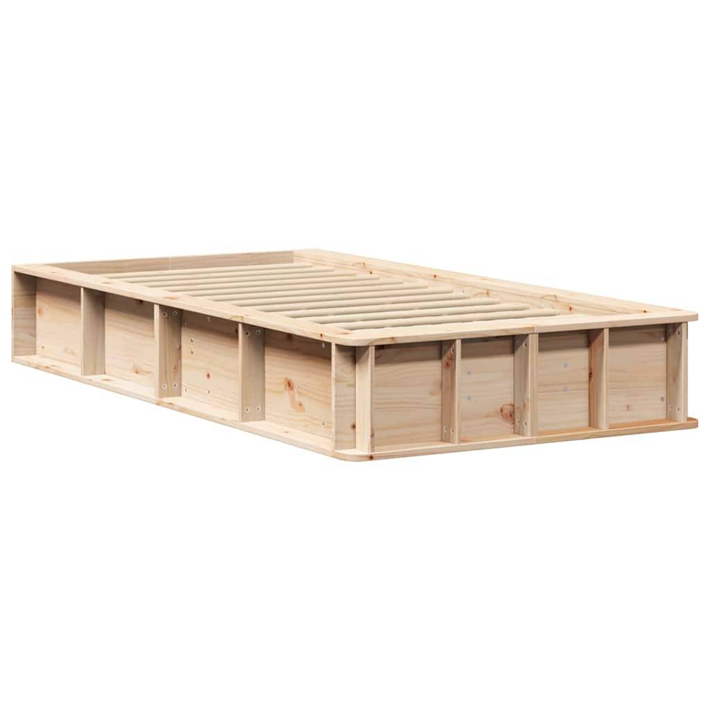 Ein Bettgestell aus Holz mit einer schlichten, natürlichen Oberfläche, das eine Lattenrost zur Matratzenunterstützung aufweist.