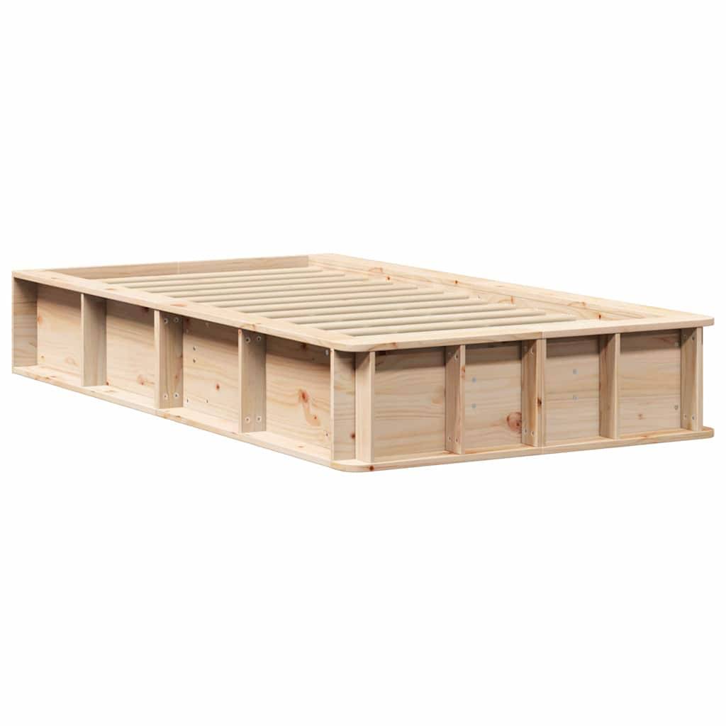 Holz-Plattformbett mit integrierten Stauraumfächern darunter, minimalistisches Design, natürliche Oberfläche.