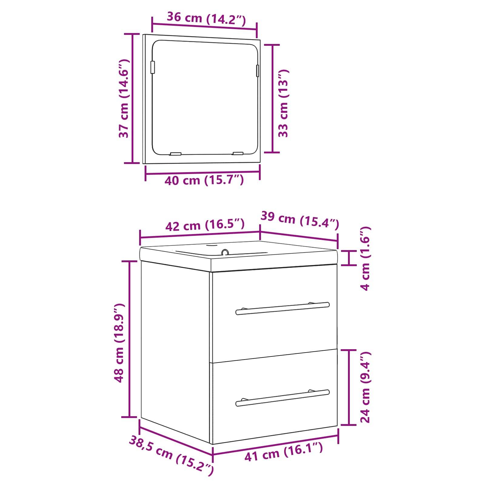 Das Bild zeigt eine Strichzeichnung eines Badezimmerwaschtischs mit zwei Schubladen. Obere Abmessungen: 40 cm B x 37 cm H. Basis: 42 cm B x 48 cm H.