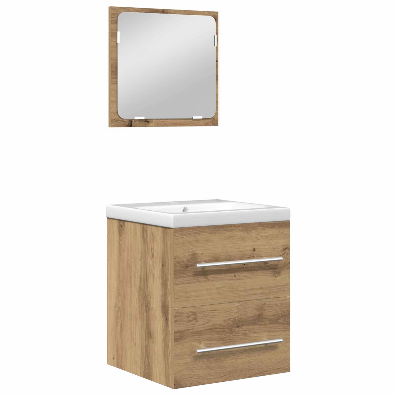 Ein Badezimmerwaschbecken aus Holz mit zwei Schubladen unter einem quadratischen Waschbecken, kombiniert mit einem quadratischen Spiegel in einem passenden Holzrahmen darüber.