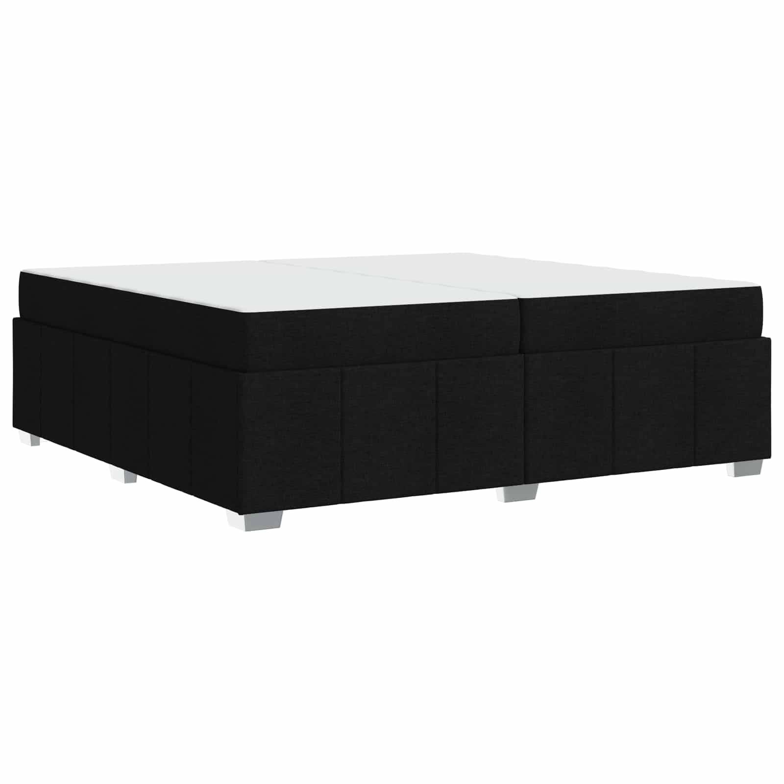 Ein schwarzes Boxspringbett mit einfachem Design, ausgestattet mit einer weißen Oberfläche und kurzen silbernen Beinen.
