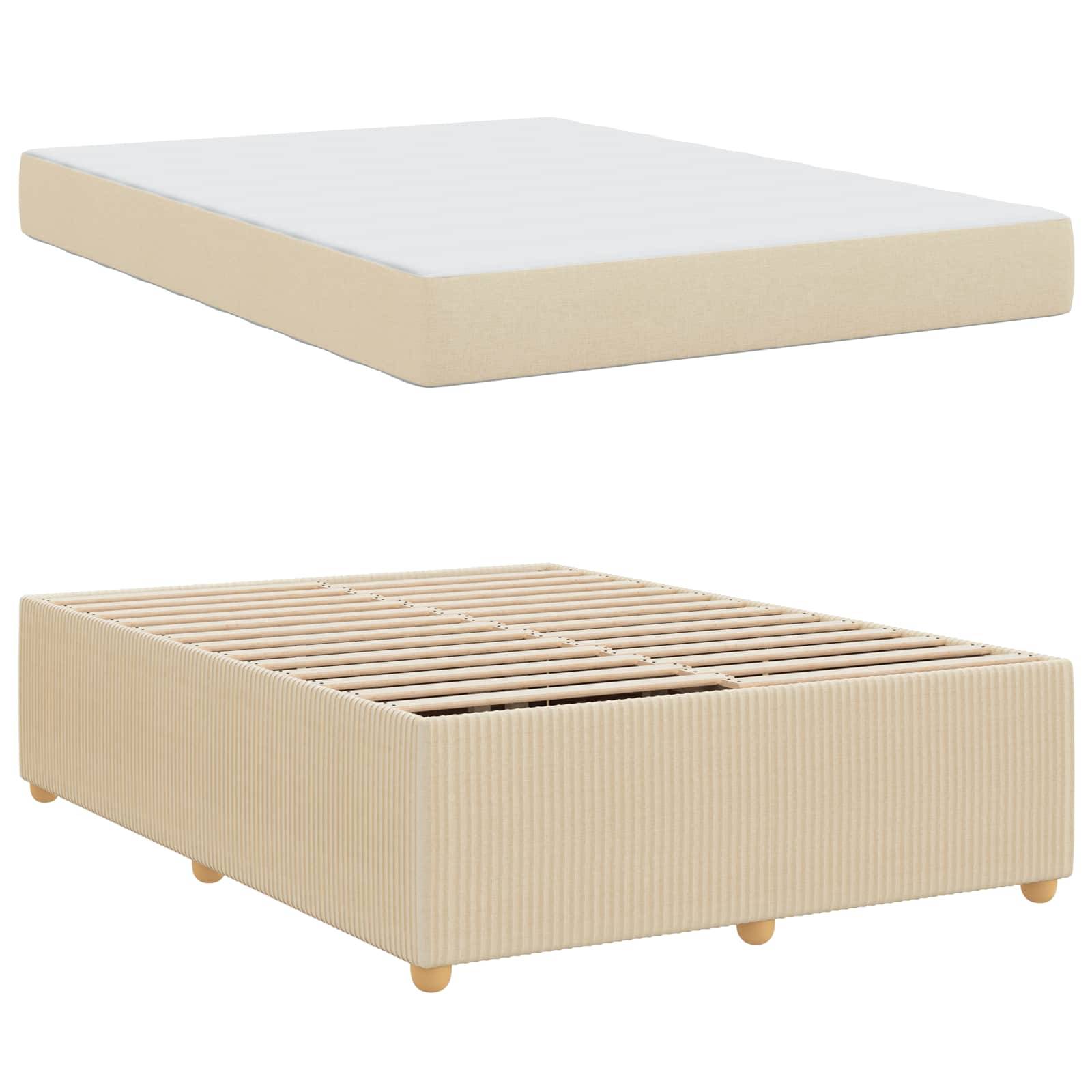 Zwei beige Bettkomponenten: eine Matratze mit glatter Oberfläche und eine passende Bettgestelle mit Holzbeinen und Latten-Unterstützungsstruktur.