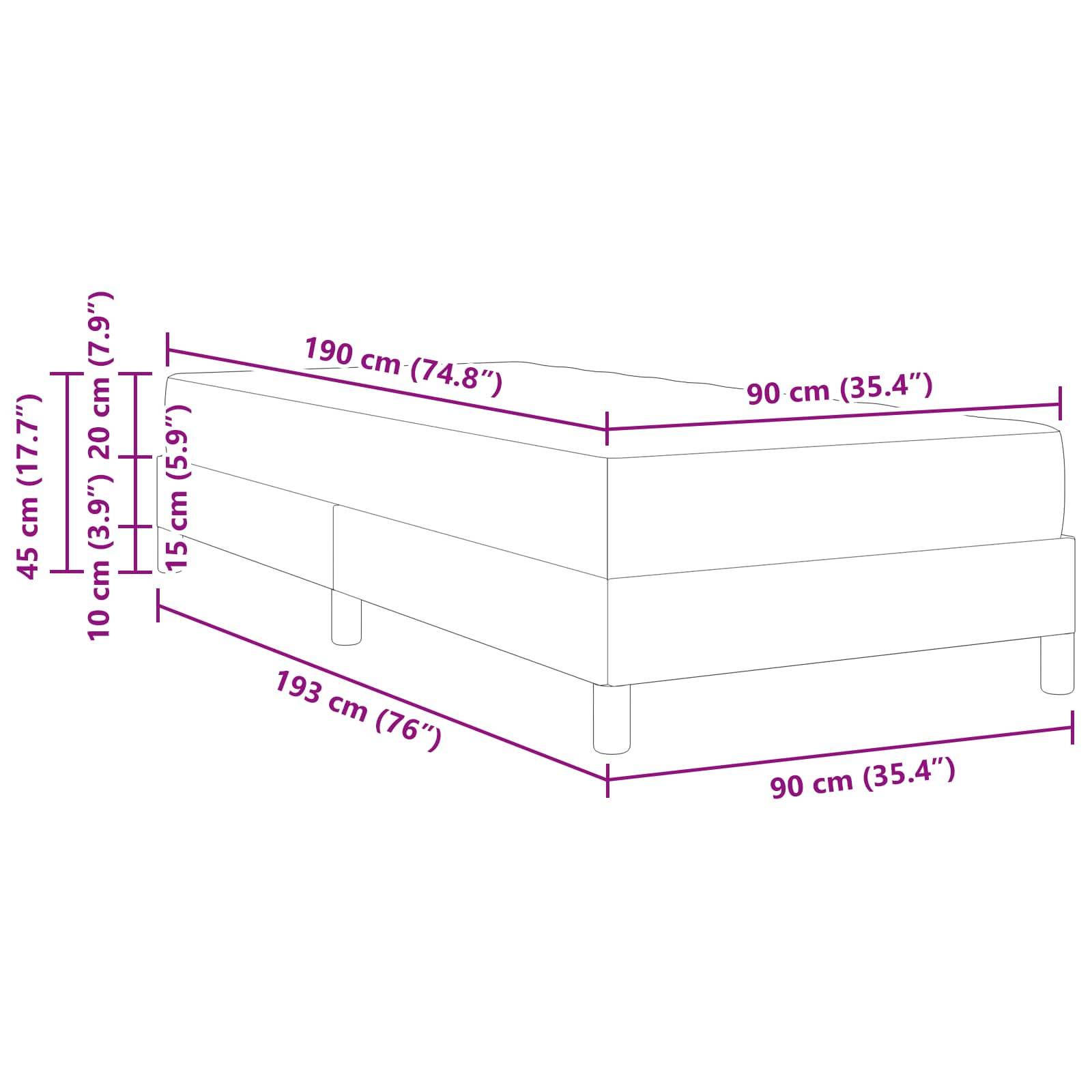 Technische Zeichnung eines Bettes mit Maßangaben: Höhe 45 cm (17,7"), 10 cm (3,9""), 20 cm (7,9""), 15 cm (5,9""); Länge 190 cm (74,8""), Breite 90 cm (35,4"").