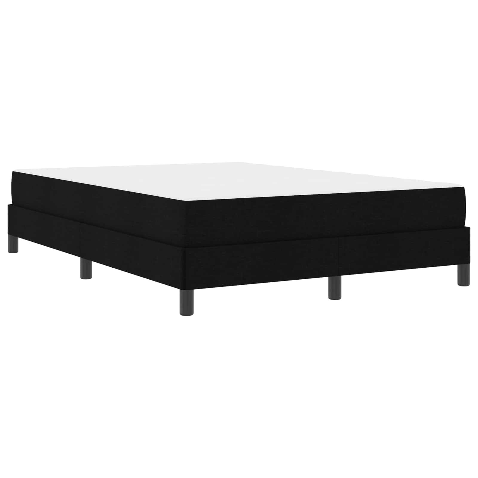 Ein schwarzes Plattformbett mit kurzen Beinen, das ein schlichtes, modernes Design aufweist und auf dem eine weiße Matratze liegt.