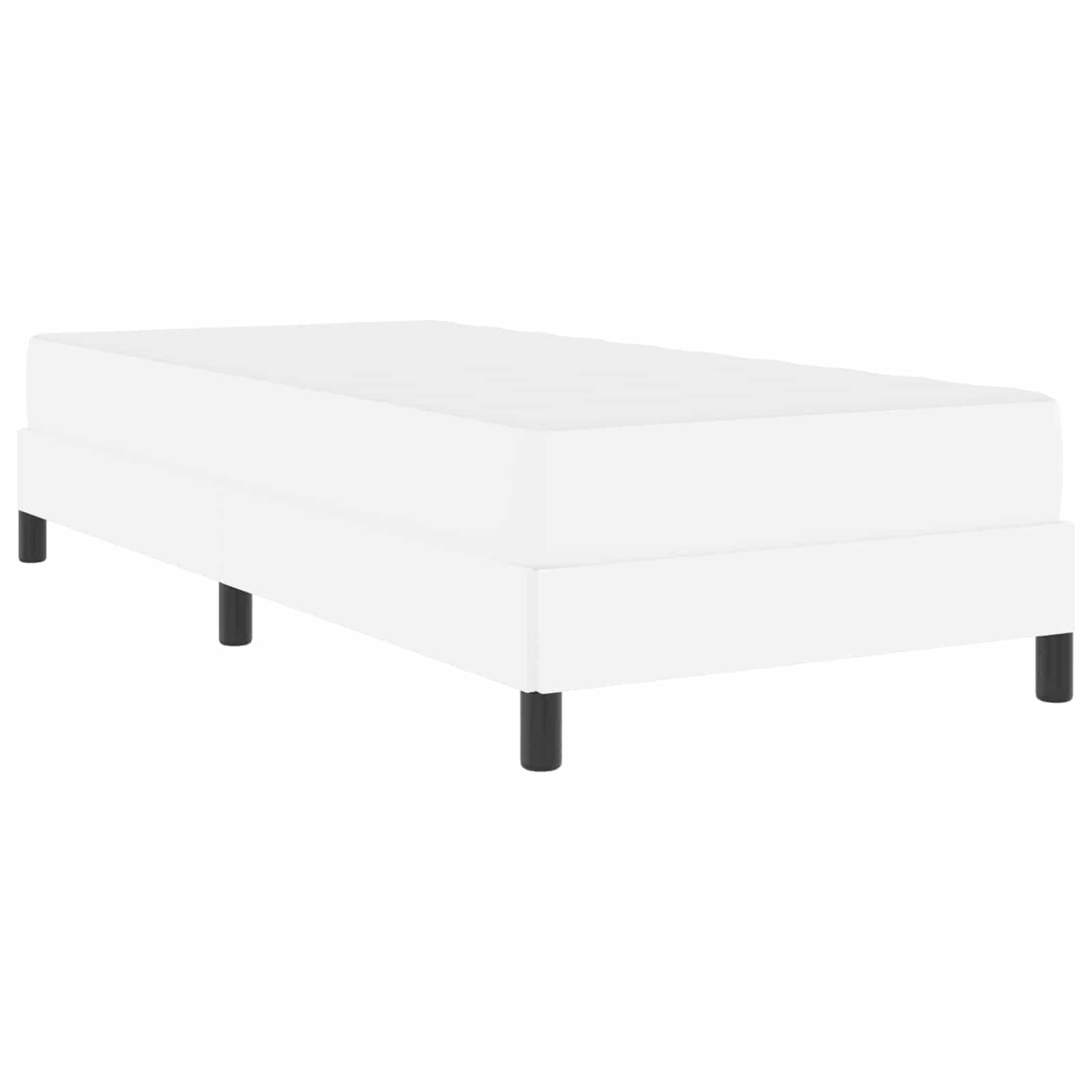Ein schlichter weißer Bettrahmen mit elegantem schwarzem Gestell, von einem leichten Winkel aus gezeigt, der sein minimalistisches Design betont.