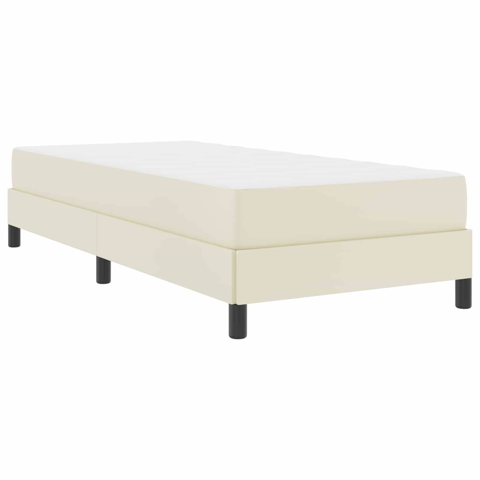 Ein beiger, minimalistischer Bettrahmen mit einer dicken Basis und vier schwarzen Beinen, von einem leichten Winkel aus gesehen, vor einem schlichten weißen Hintergrund.