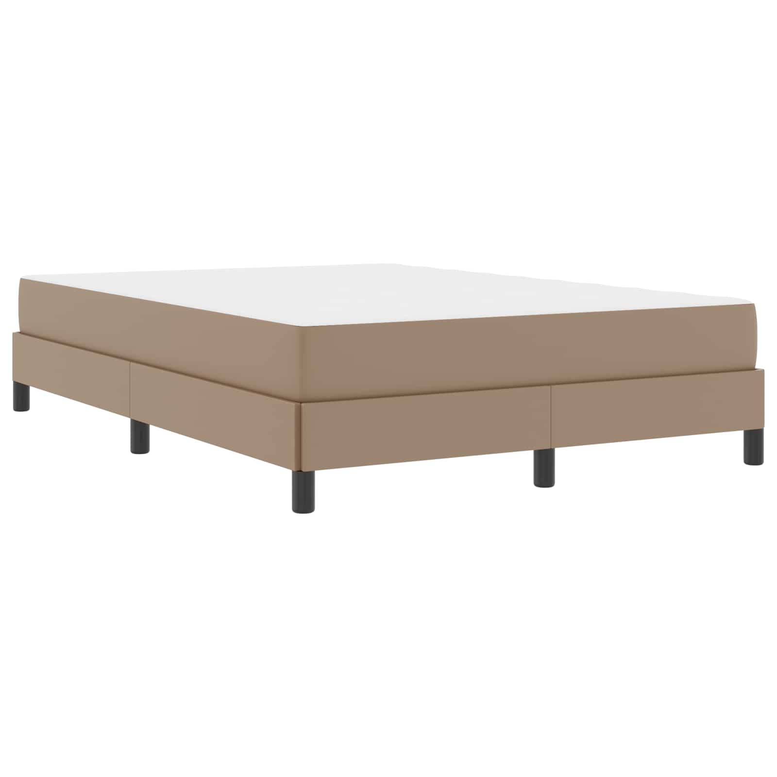 Ein beiger Bettrahmen mit schwarzen Beinen, schräg von der Seite gezeigt. Der Rahmen ist minimalistisch im Stil und passt perfekt in eine moderne Schlafzimmereinrichtung.