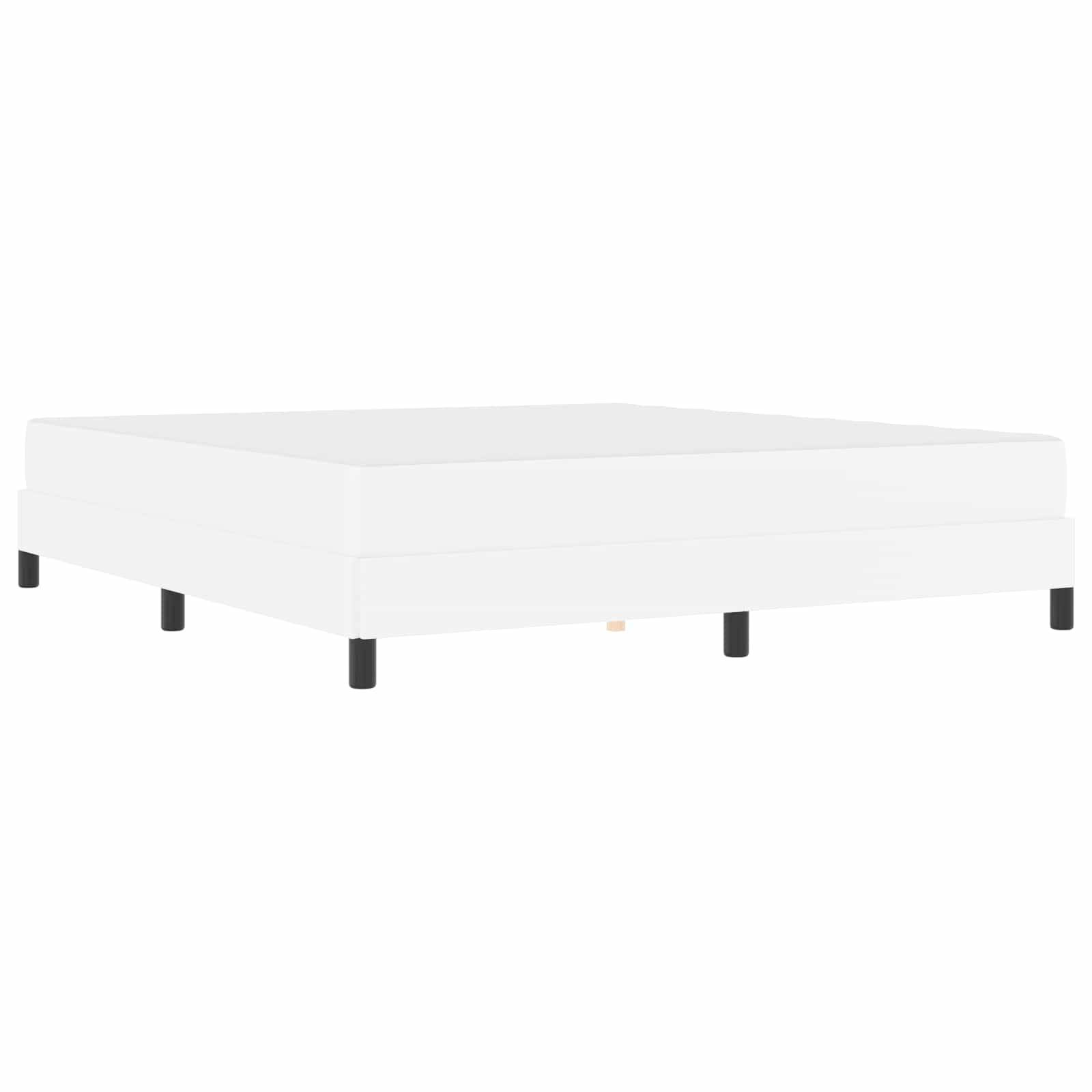 Ein minimalistischer weißer Plattformhochbettrahmen mit schwarzen Beinen, aus einem niedrigen Blickwinkel vor einem schlichten weißen Hintergrund.