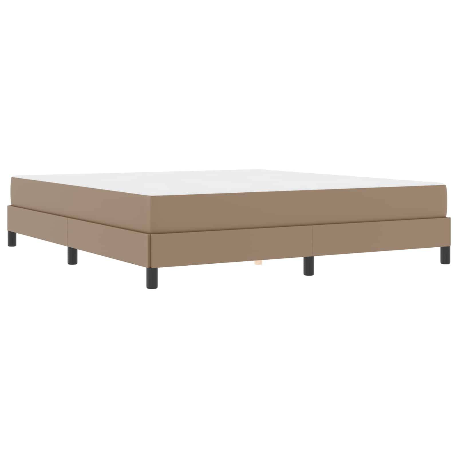 Eine beige Boxspringbettkonstruktion mit schwarzen Beinen steht auf einem schlichten weißen Hintergrund und präsentiert ein minimalistisches Design.