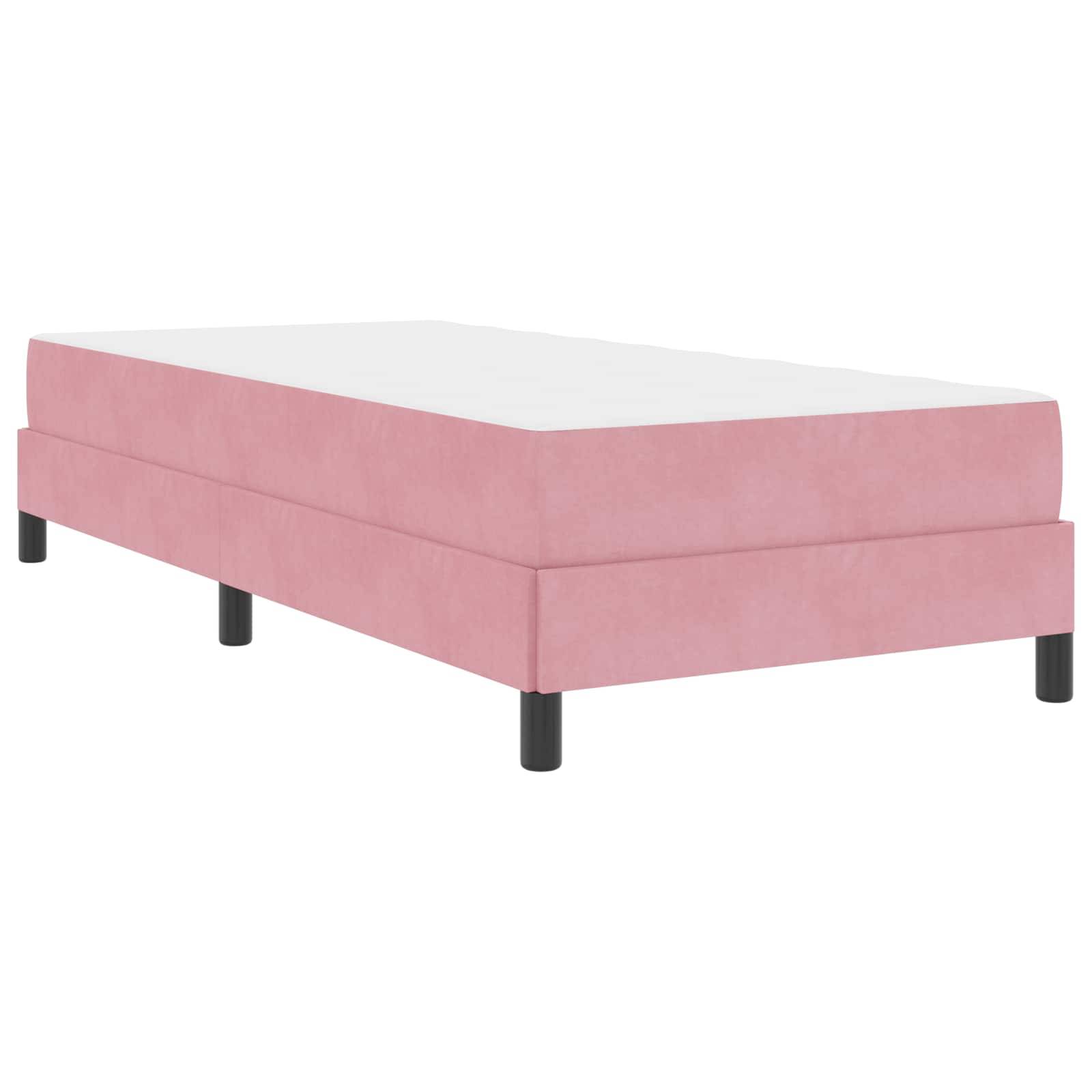 Eine rosa Bettgestell in Zwillingsgröße mit einer weißen Matratze, versehen mit schwarzen Beinen, vor einem einfarbigen weißen Hintergrund.