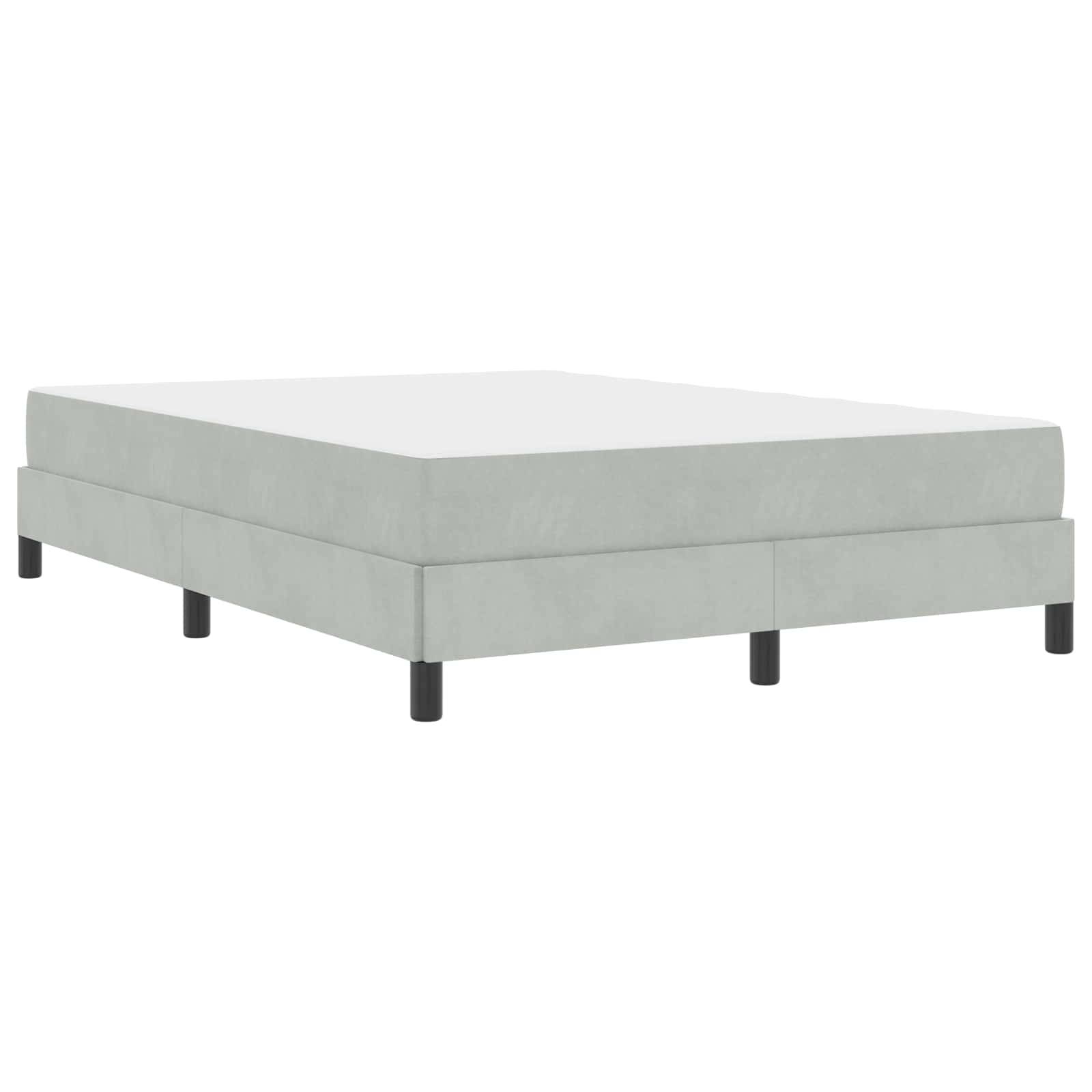Ein hellgrauer, flacher Bettrahmen mit schwarzen Beinen, in minimalistischem Stil dargestellt. Der Rahmen hat ein schlichtes und modernes Design.