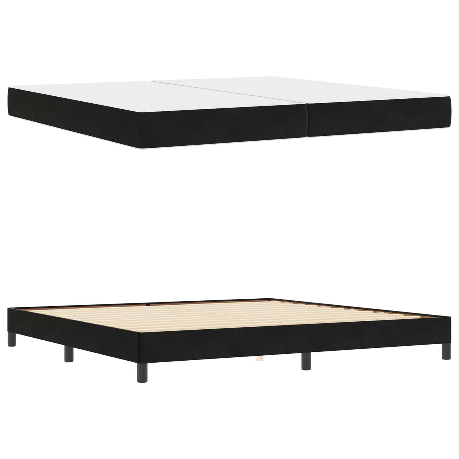 Ein schwarzes Metallbettgestell aus zwei Blickwinkeln; Draufsicht mit flachem Design und Seitenansicht mit Holzlatten und kurzen Beinen.