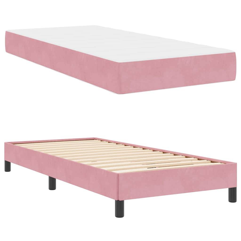 Pinkes Einzelbettgestell mit Holzlattenrost und weißer Matratze; separat dargestellt, um Designmerkmale hervorzuheben.