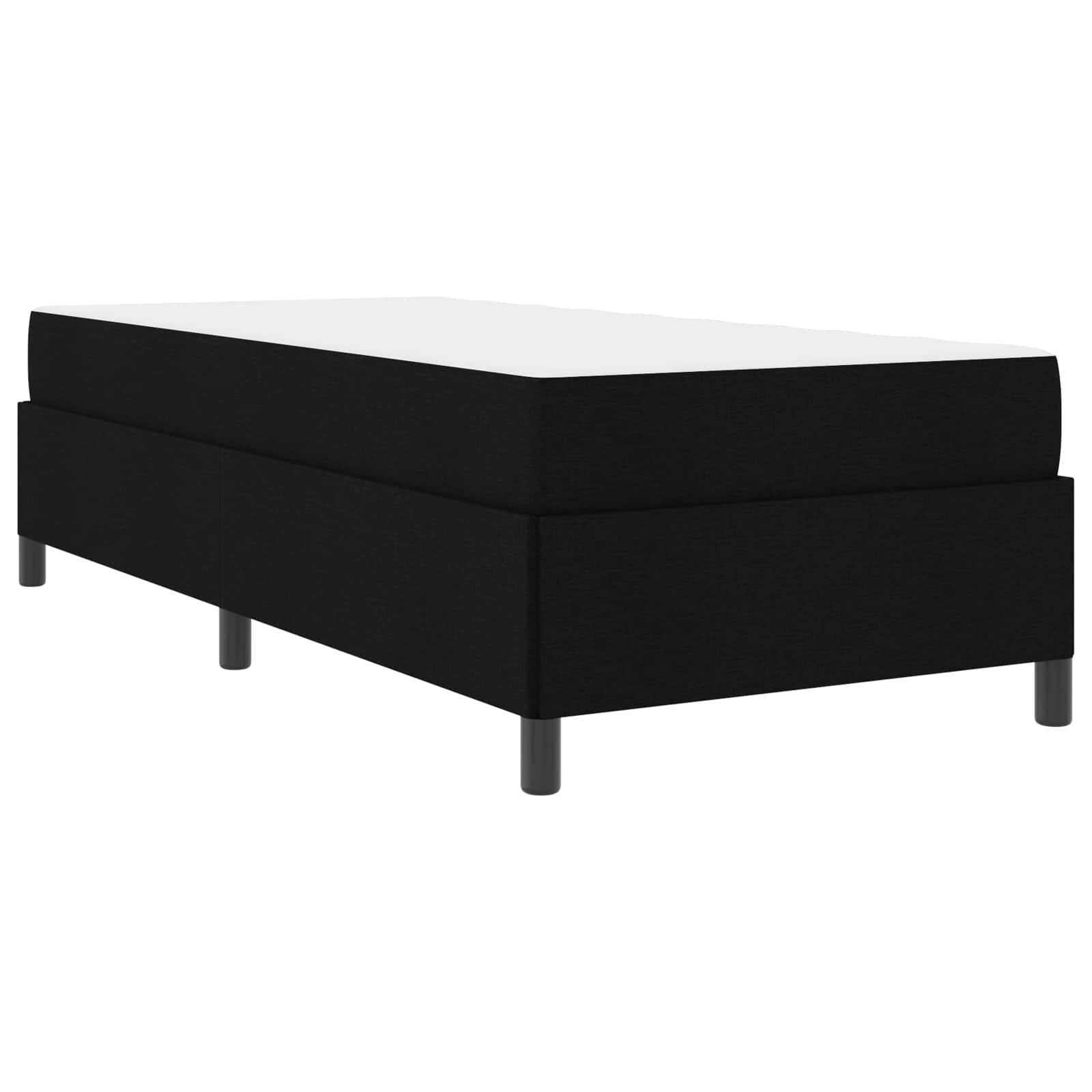 Schwarzer Einzelbettrahmen mit Boxspring und Beinen, ohne Matratze. Schlichtes und modernes Design.