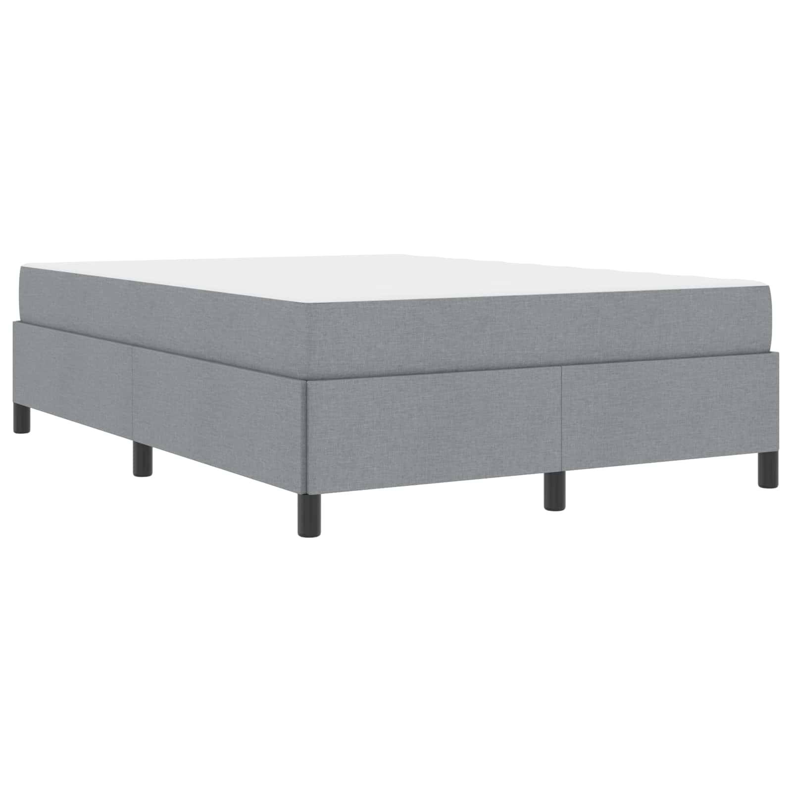 Ein grau gepolsterter Bettrahmen mit minimalistischem Design und sechs stabilen Beinen. Der Stil ist modern und neutral und passt zu verschiedenen Schlafzimmereinrichtungen.