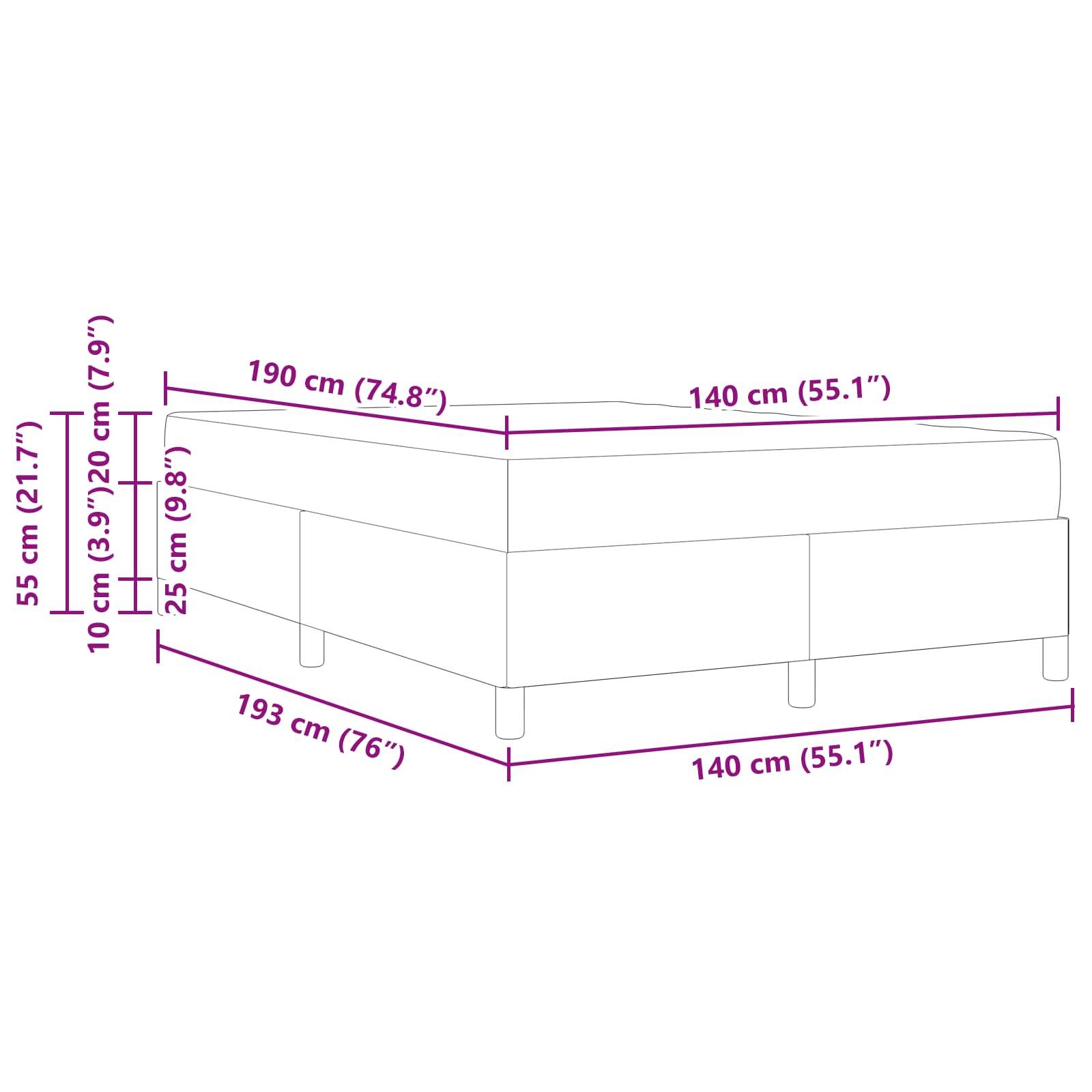 Diagramm eines Bettes mit Maßen: 190 cm x 140 cm für die Matratze, 193 cm Gesamtlänge. Höhenoptionen: 25 cm und 55 cm.