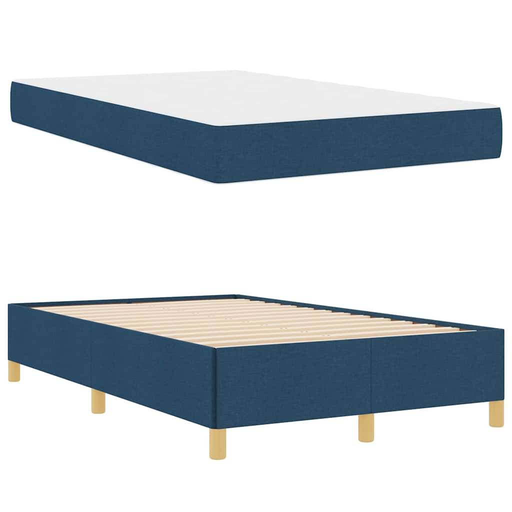 Blaues gepolstertes Bettgestell und Matratze; einfaches, modernes Design mit Holzbeinen; in separaten Komponenten dargestellt.