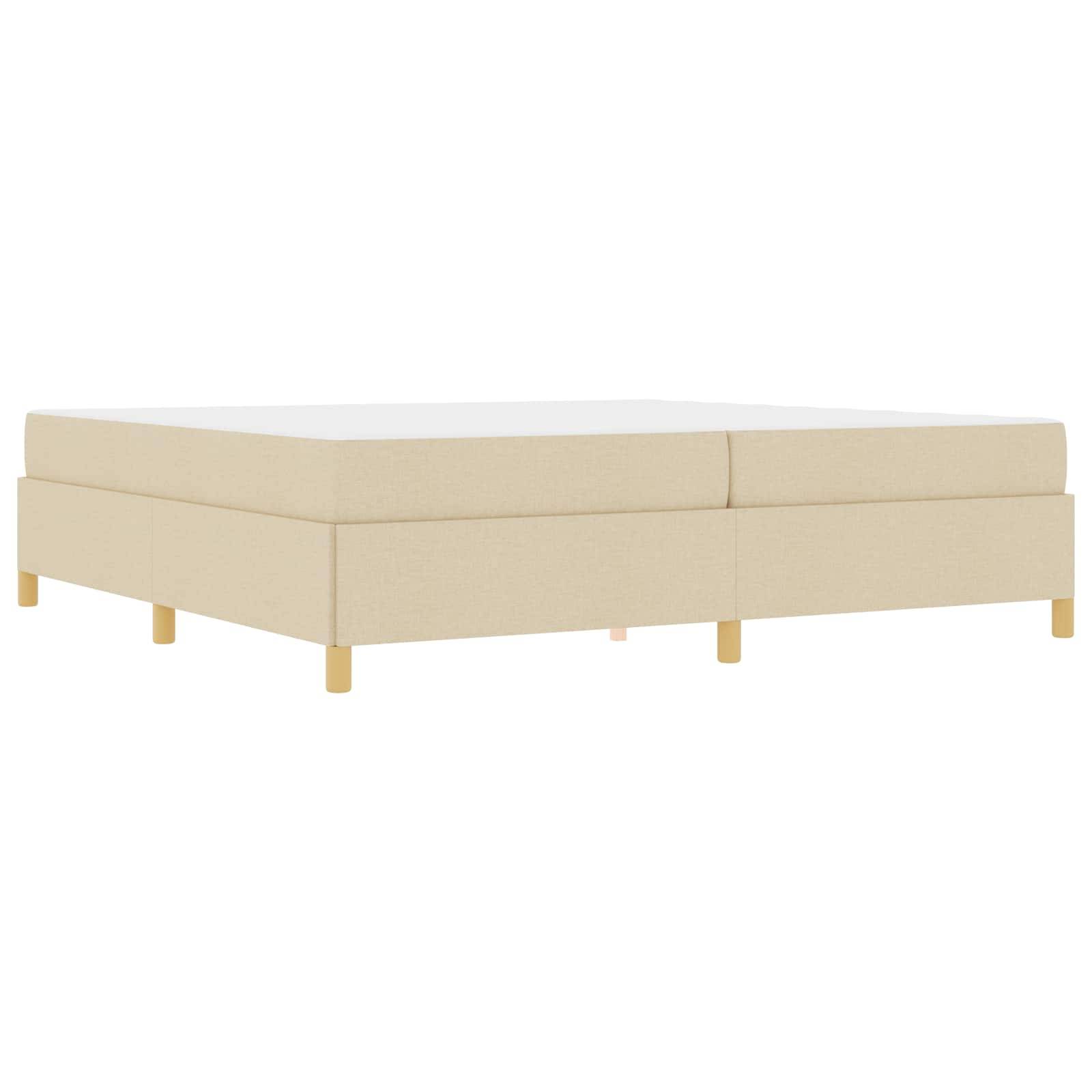 Eine beige Stoffbettplattform mit einem schlichten, modernen Design, ausgestattet mit sechs hellen Holzbeinen für Halt und Stabilität.