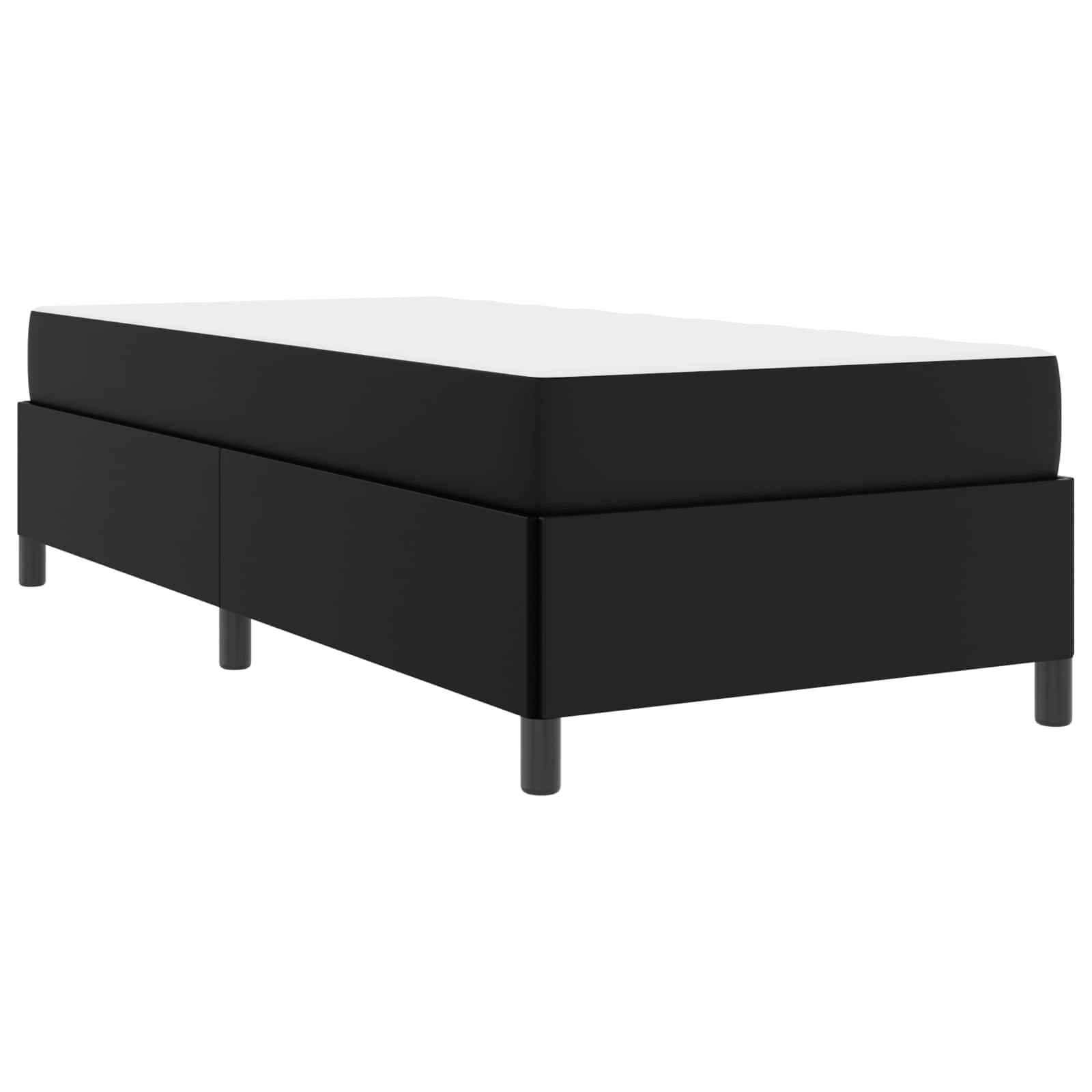 Ein schwarzes rechteckiges Bett mit einer weißen Matratze auf vier kurzen Beinen, von der Seite betrachtet, das sein schlichtes, modernes Design zeigt.