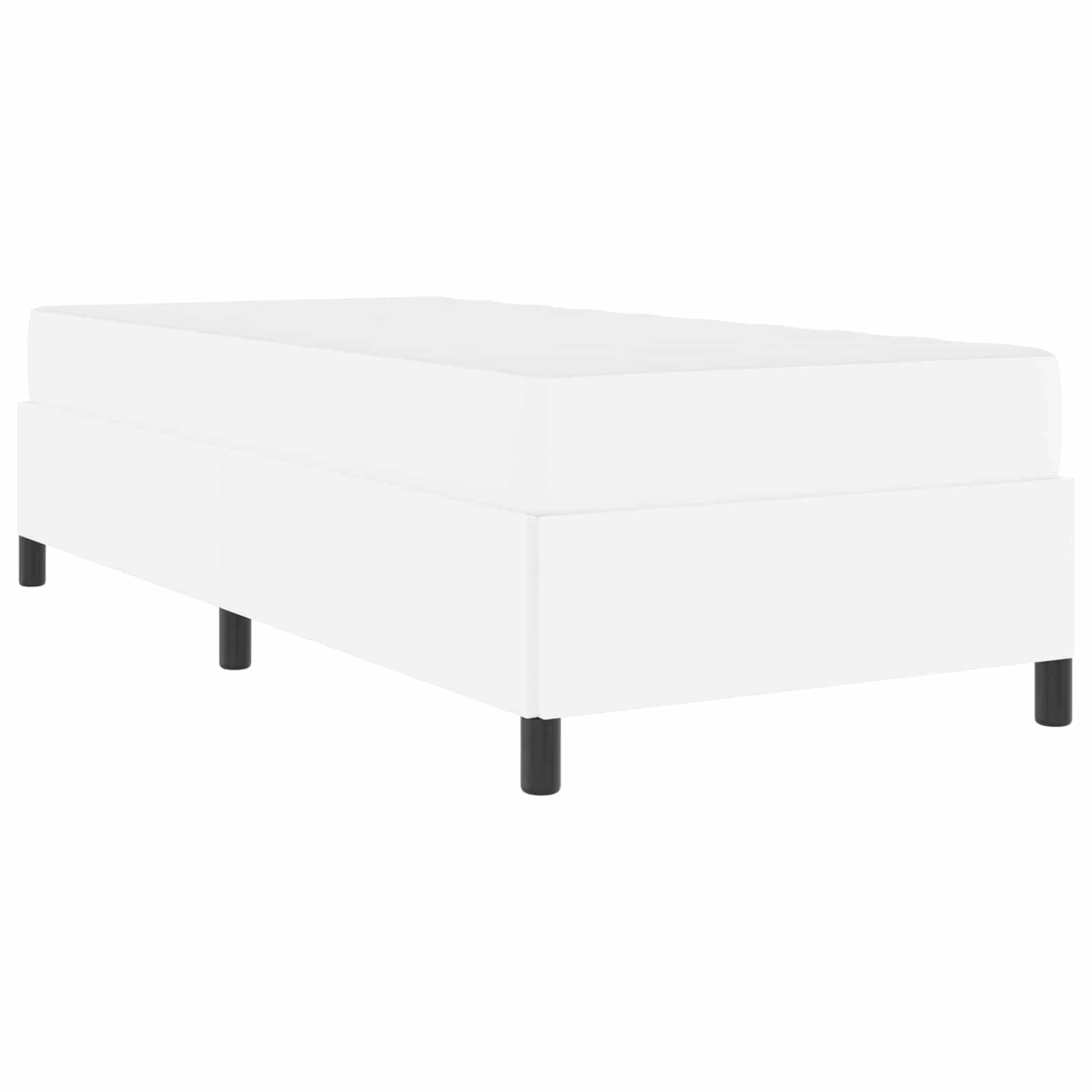 Eine schlichte weiße Plattformbettkonstruktion mit schwarzen Beinen, passend für eine minimalistische Schlafzimmergestaltung.