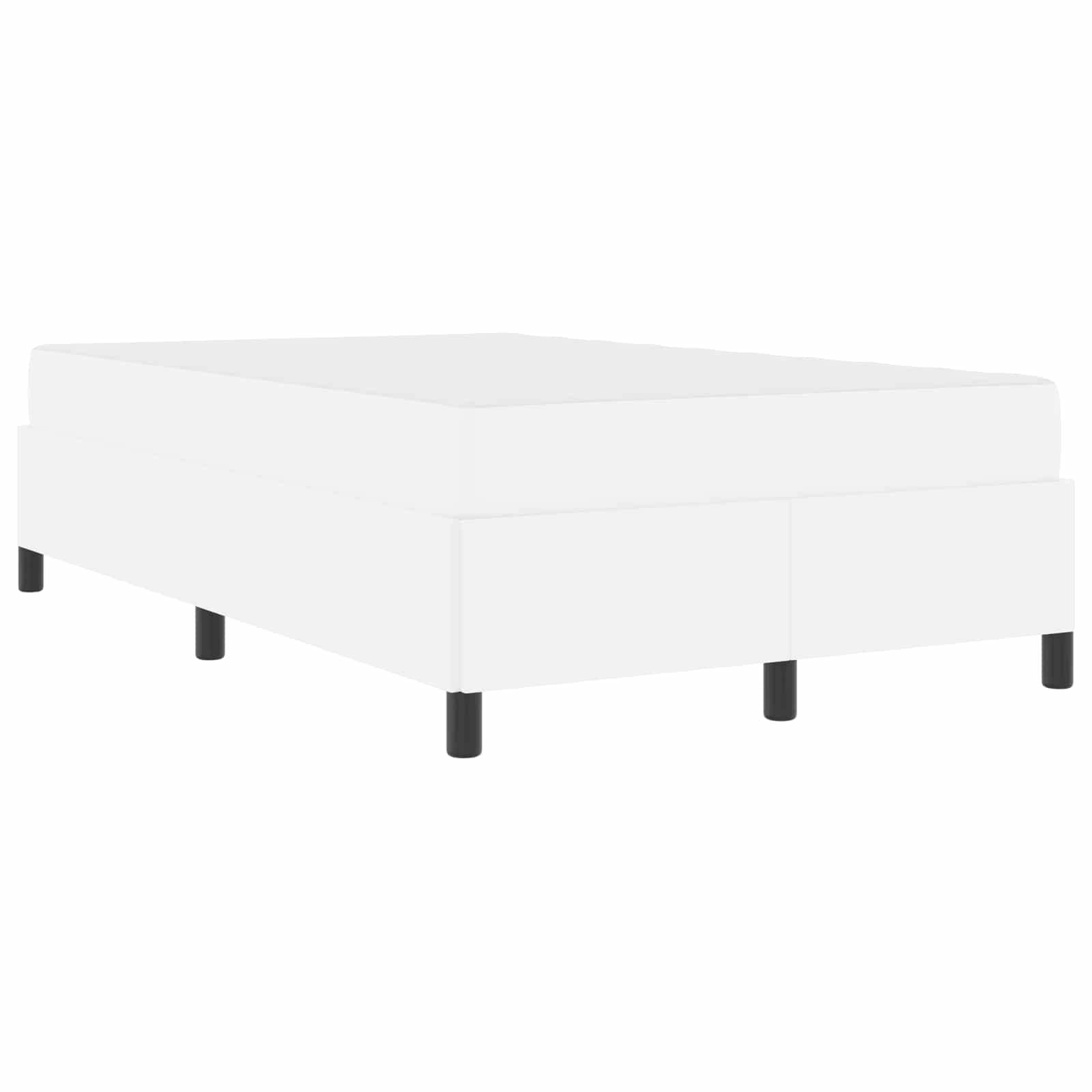 Ein schlichtes weißes Plattformbett mit minimalistischem Design, das eine rechteckige Basis und schwarze Beine aufweist.