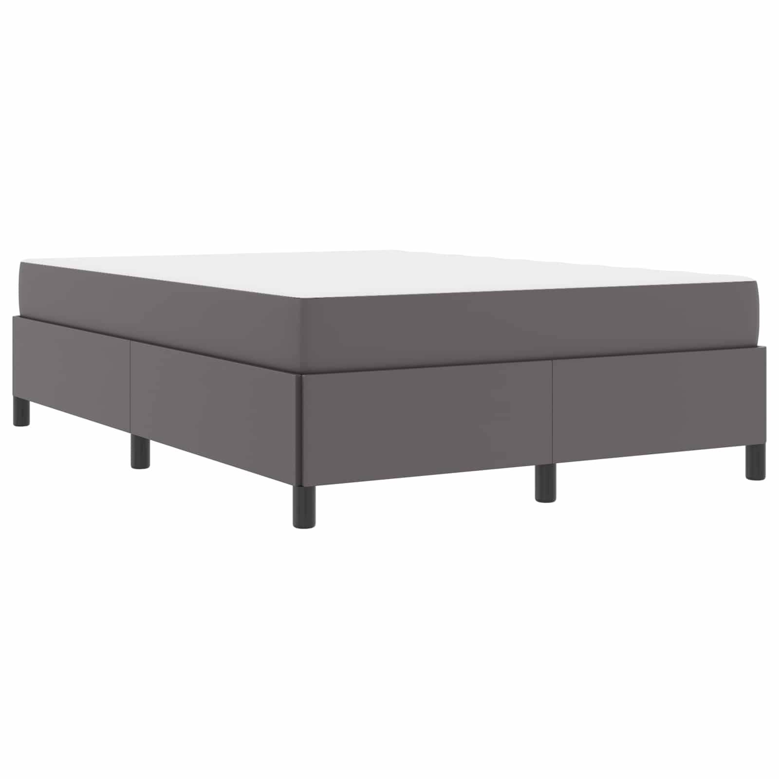 Ein grauer Bettrahmen mit minimalistischem Design und vier Beinen, der Stauraum darunter bietet.