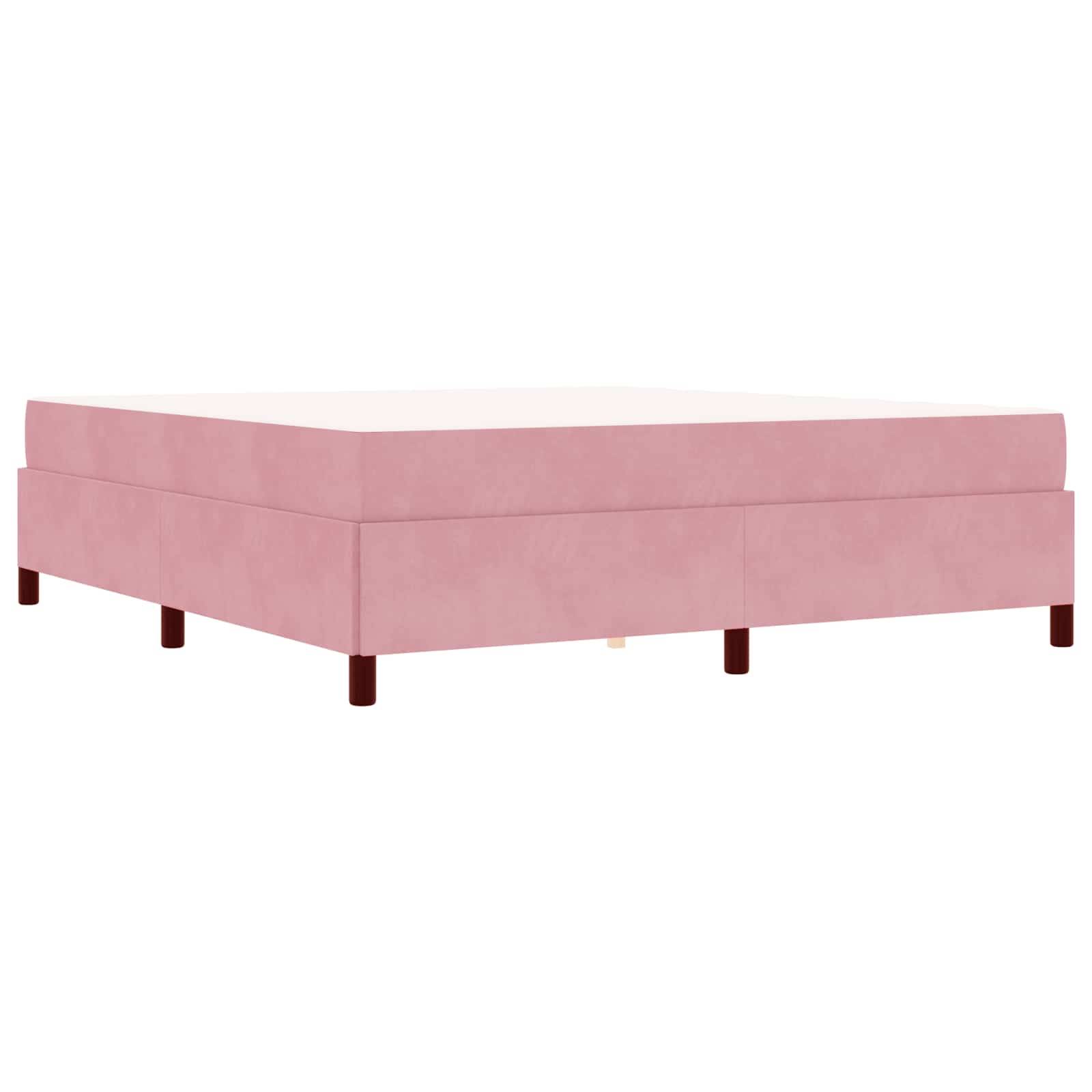 Eine rosa, rechteckige Plattformbett mit kurzen, braunen Holzbeinen, dargestellt in einem minimalistischen Stil ohne Kopfteil oder Bettwäsche.