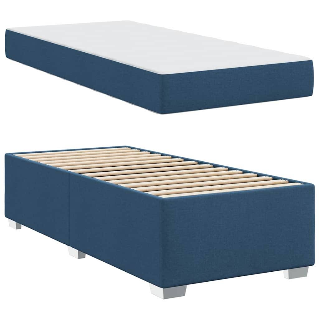 Ein zweiteiliger blauer Bettrahmen mit einer Matratze, ausgestattet mit einem Holzlatten-Stützsystem.