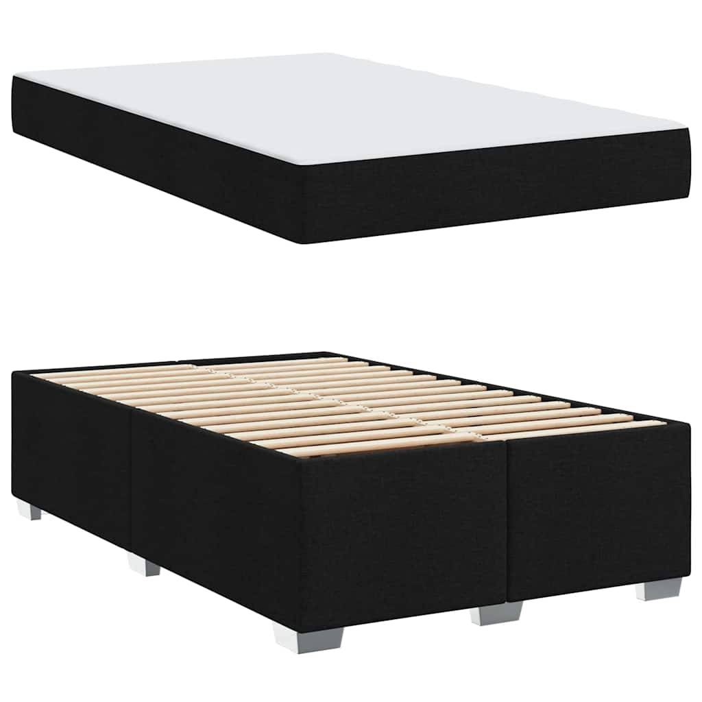 Bettgestell mit Stoffbezug und Stauraum, das eine schwarze Stoffunterlage und Holzlatten umfasst, entwickelt zur Matratzenunterstützung und zur Erweiterung der Lagerfunktionalität.