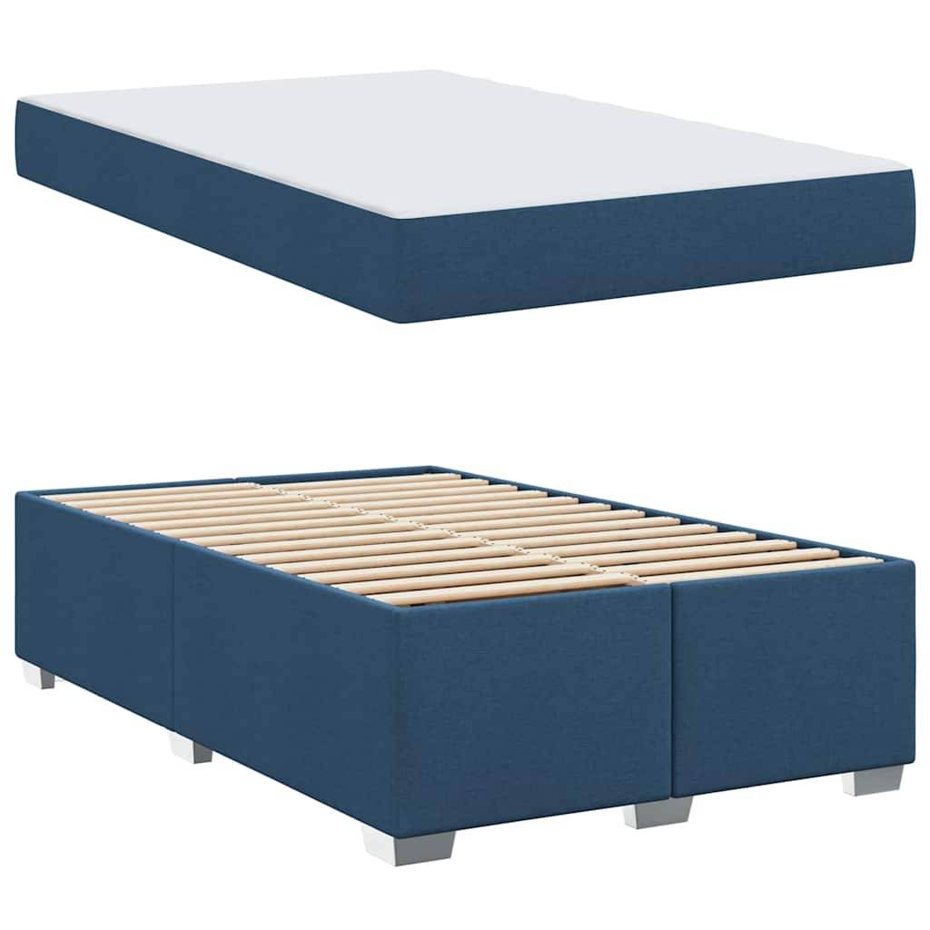 Ein blaues und weißes Plattformbett mit Holzlatten, in der Größe Twin XL, mit minimalistischem Design und stabiler Grundkonstruktion.