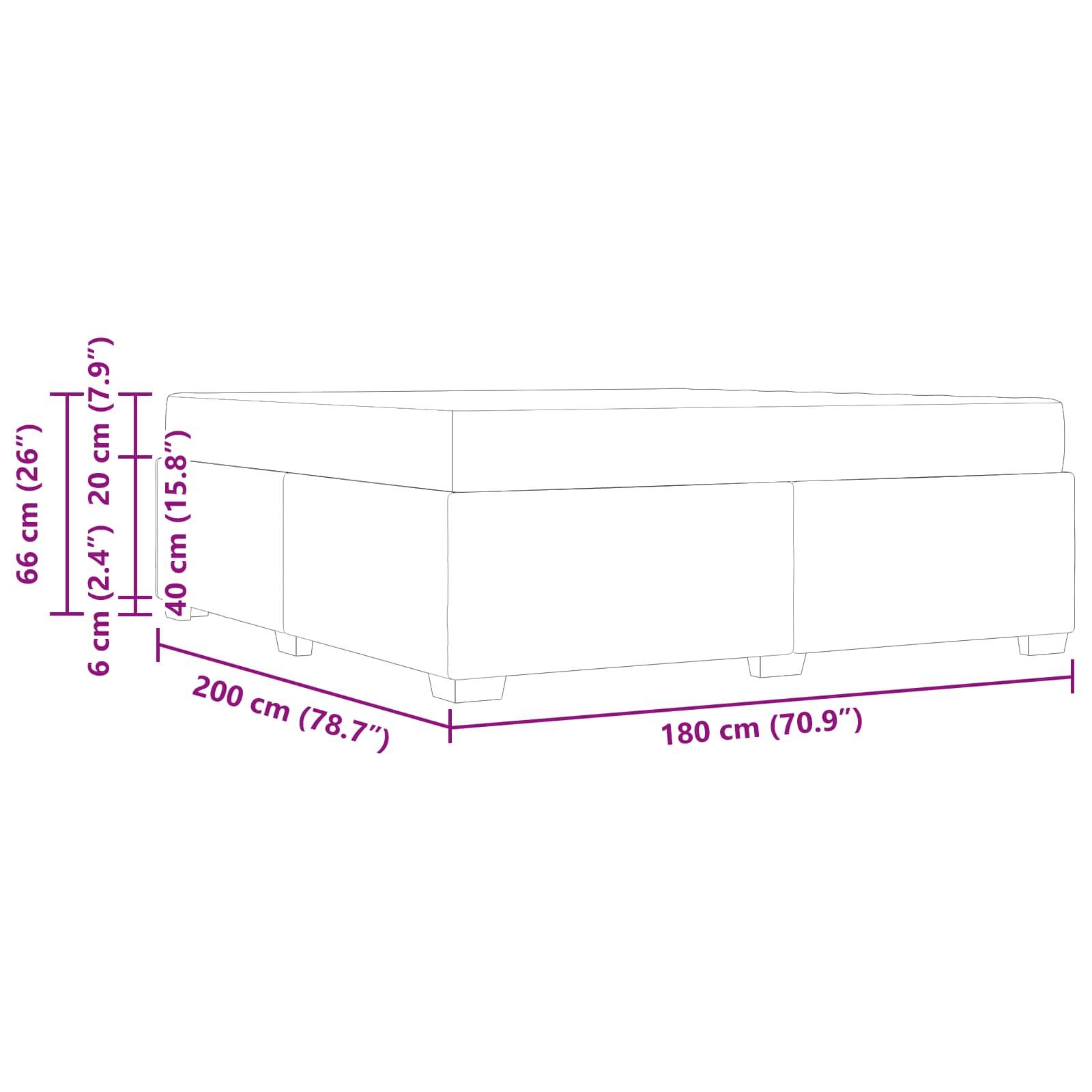 Diagramm eines rechteckigen Ottomans mit Maßen: Höhe 66 cm, Tiefe 66 cm, Beinhöhe 6 cm, Länge 200 cm, Breite 180 cm.