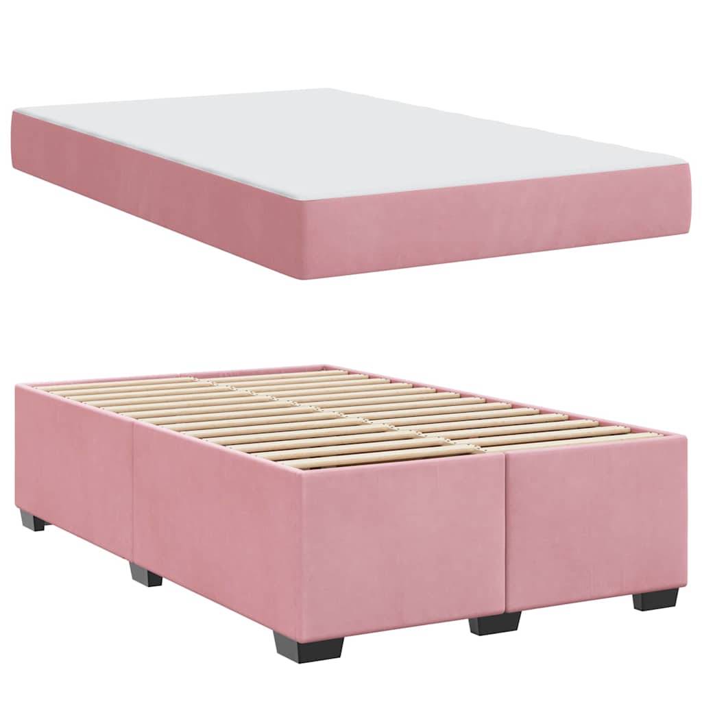 Ein rosa Plattformbett mit einer Holzlatten-Basis, dargestellt in zwei Ansichten. Die Draufsicht zeigt die Matratze, während die Unteransicht den Bettrahmen präsentiert.