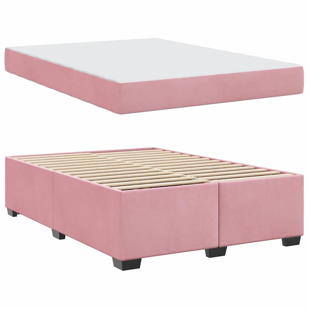 Ein Bettgestell in Rosa mit sichtbaren Latten wird neben einer passenden rosa Matratze präsentiert. Das Set zeichnet sich durch ein minimalistisches Design aus.