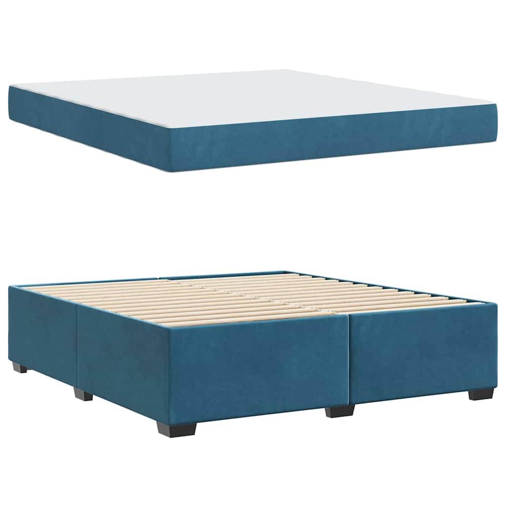 Königin-Matratze und blaues Plattformbett mit Holzlatten, Basis separat für Montageansicht dargestellt.