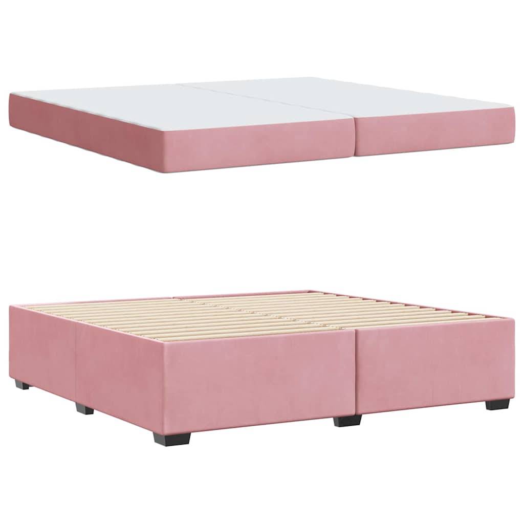 Pinkes Plattformbett mit erhöhter Basis, freiliegende Holzlatten am unteren Bild; Matratzenunterstützung am oberen Bild. Kein Kopf- oder Fußteil.
