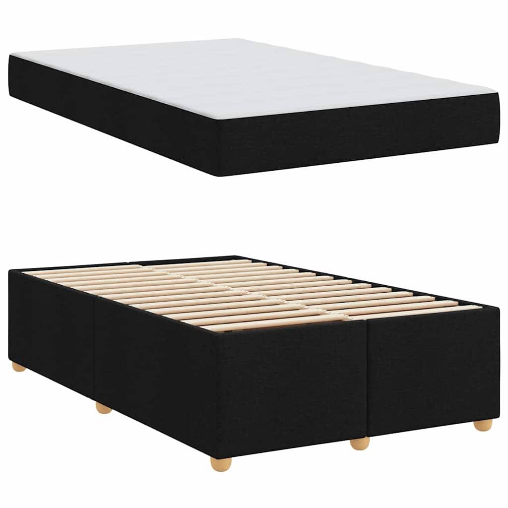 Plattformbett mit schwarzer Stoffpolsterung. Die Draufsicht zeigt ein schlankes Design; die Unteransicht offenbart Holzlatten zur Matratzenunterstützung.