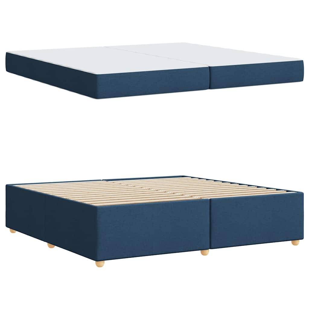 Geteilte beige und blaue Bettfundation, die in zwei Ansichten gezeigt wird: eine mit einer Matratzenplattform und eine ohne, die die Holzlatten offenlegt.