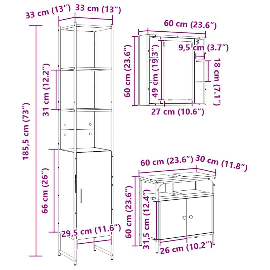 Diagramm eines Regalschranks mit Abmessungen: Hoher Schrank, 185,5 cm hoch, 60 cm breit, 31 cm tief, und ein Schreibtischmodul, 66 cm hoch, 60 cm breit, 30 cm tief.