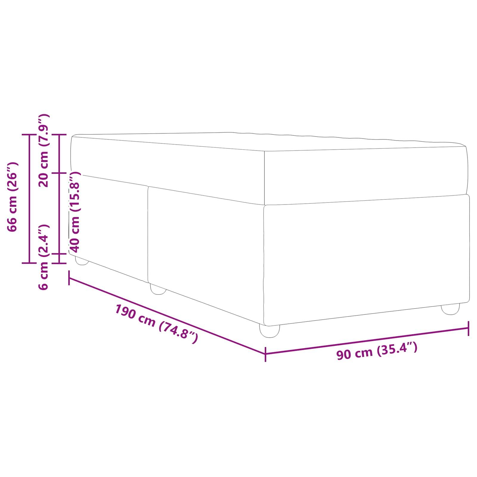 Eine Linienzeichnung eines rechteckigen Sofas mit Maßangaben. Das Sofa misst 190 cm (74,8 Zoll) Breite und 90 cm (35,4 Zoll) Tiefe. Die Höhe variiert mit Abschnitten von 66 cm (26 Zoll), 40 cm (15,8 Zoll), 20 cm (7,9 Zoll) und 6 cm (2,4 Zoll).