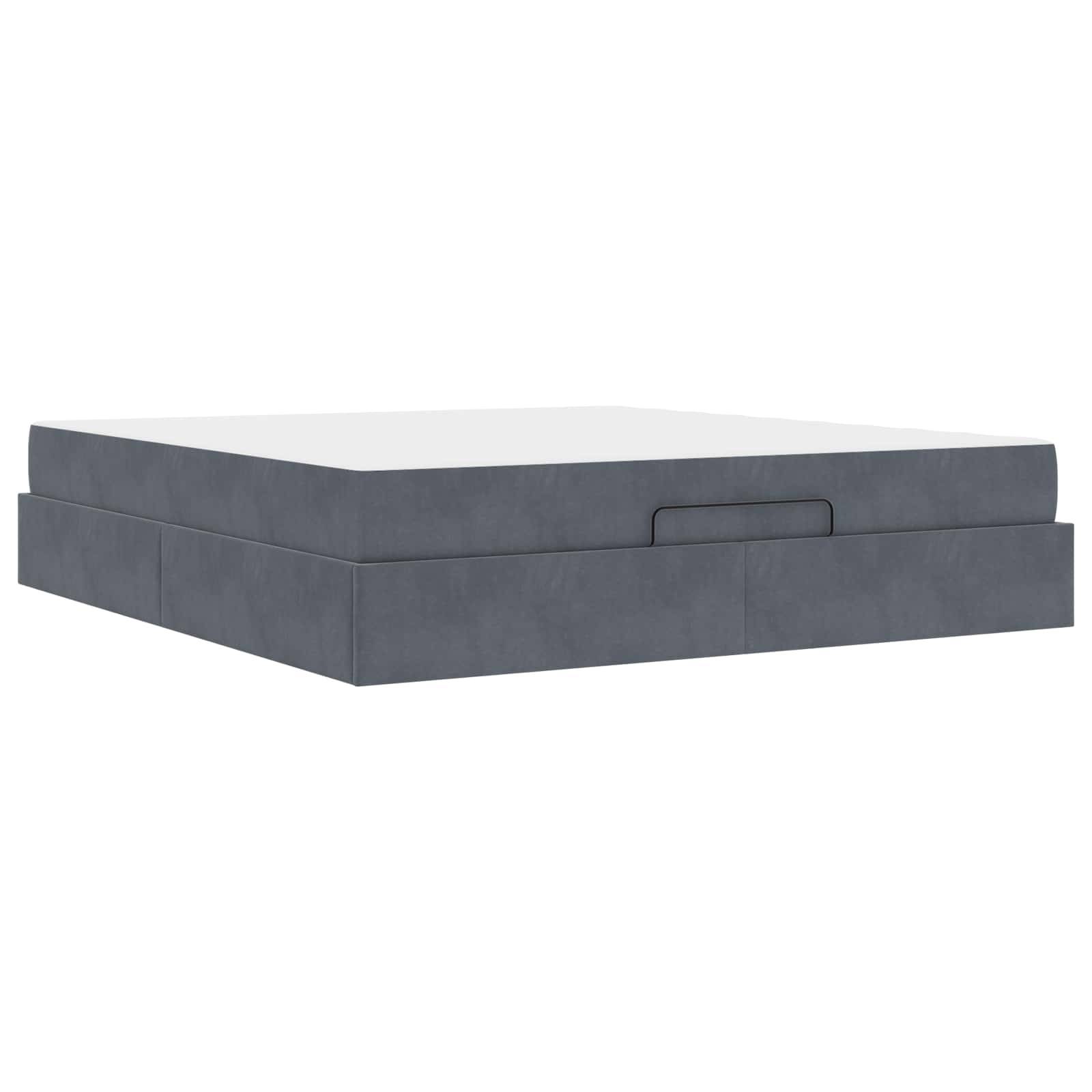 Ein minimalistisches graues Plattformbett mit flachem Design, gekennzeichnet durch eine niedrige Bauweise und rechteckige Form, passend für ein modernes Schlafzimmer.