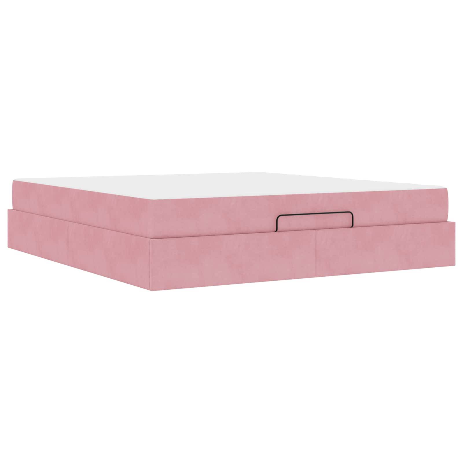 Eine rosa Box mit einem Griff an einer Seite, höchstwahrscheinlich ein Aufbewahrungsbehälter oder Teil eines Möbelstücks, die vor einem schlichten weißen Hintergrund gezeigt wird.