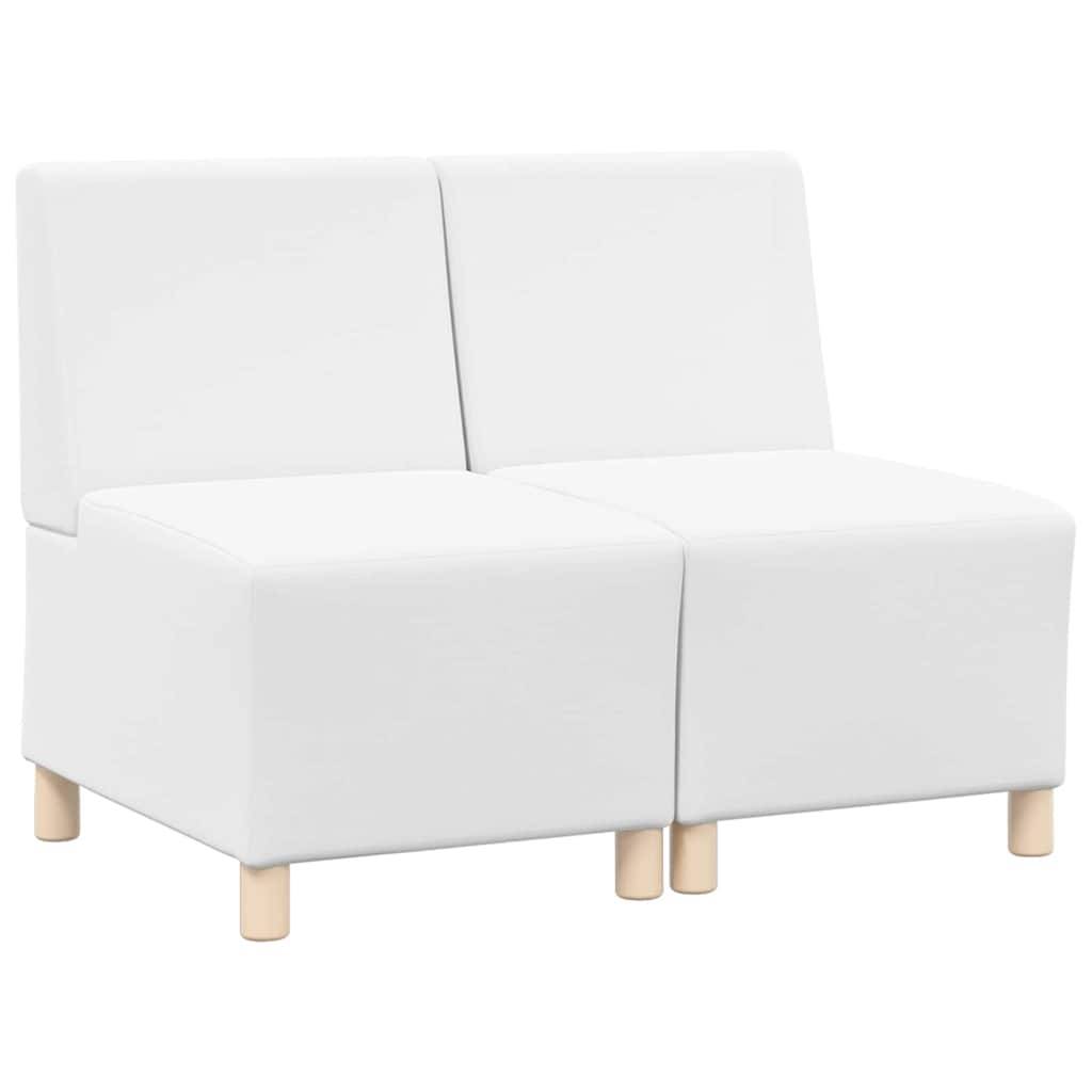 Ein weißes, modernes Zweisitzer-Sofa mit quadratischen Kissen und hellen Holzbeinen, geeignet für eine minimalistische Wohnzimmereinrichtung.