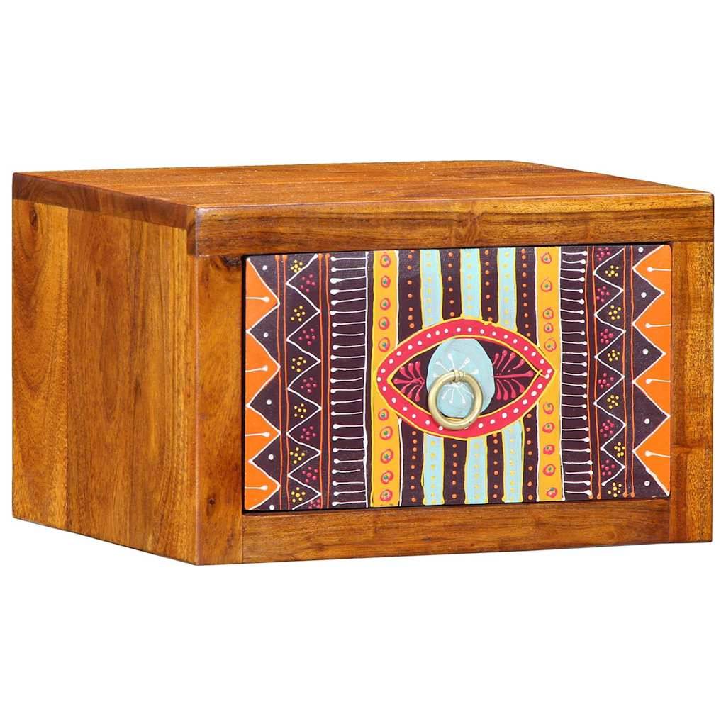 Holzschublade mit einer farbenfrohen Front, die geometrische Muster und einen zentralen Ringgriff aufweist, geeignet für lebendige Wohnraumgestaltung.