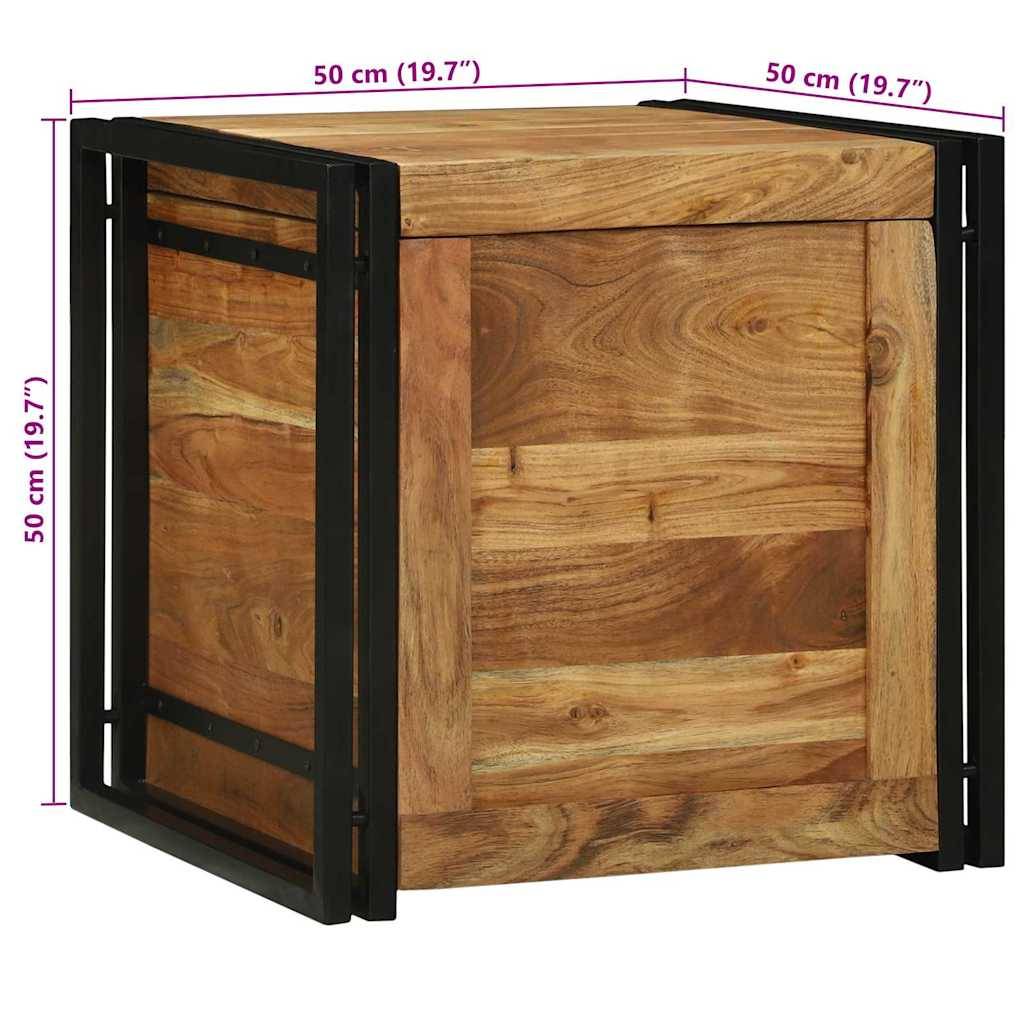 Eine Holzkiste mit einem Metallrahmen, die 50 cm (19,7 Zoll) auf jeder Seite misst, wird in einem minimalistischen Design dargestellt.