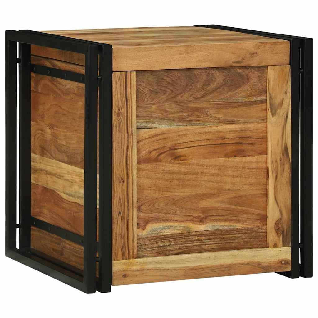 Eine quadratische Holzkiste mit Metallrahmen an den Kanten, versehen mit einer natürlichen Holzmaserung. Sie hat ein minimalistisches und robustes Design.