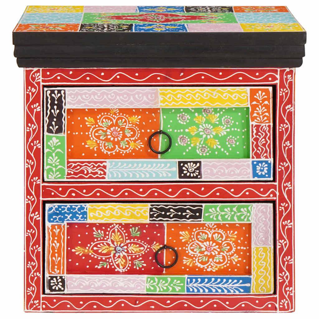 Ein bunter Holzschrank mit zwei Schubladen, der lebhafte Blumen- und geometrische Muster in Rot, Grün, Orange, Blau und Gelb aufweist.