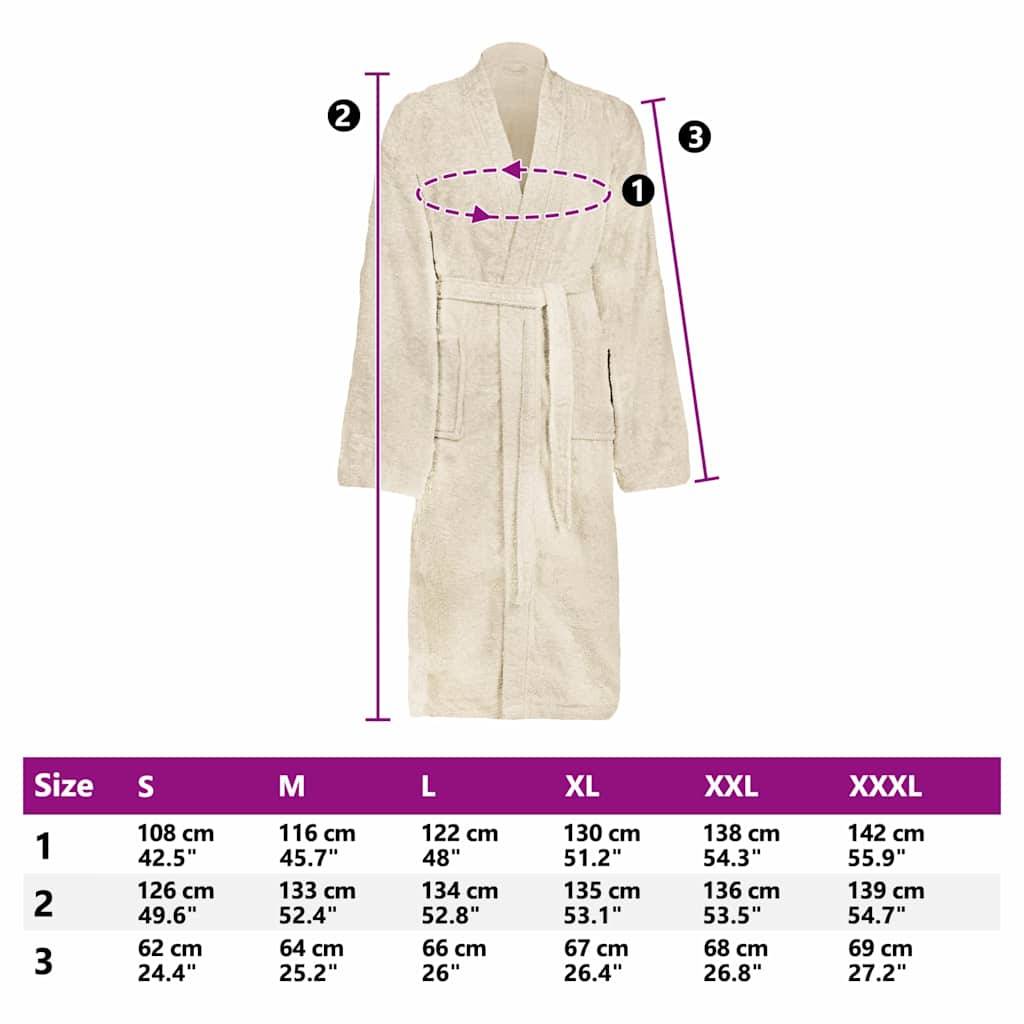 Ein beiger Bademantel wird mit einem Maßchart darunter präsentiert, der die Größen S bis XXXL und ihre entsprechenden Maße in Zentimetern und Zoll aufführt.