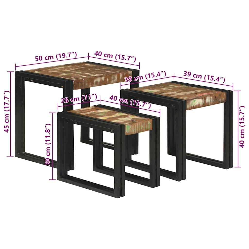 Drei verschachtelte Beistelltische mit Holzplatten und schwarzen Metallrahmen. Die Größen nehmen von größtem zu kleinstem ab: 50 cm, 39 cm und 28 cm breit.