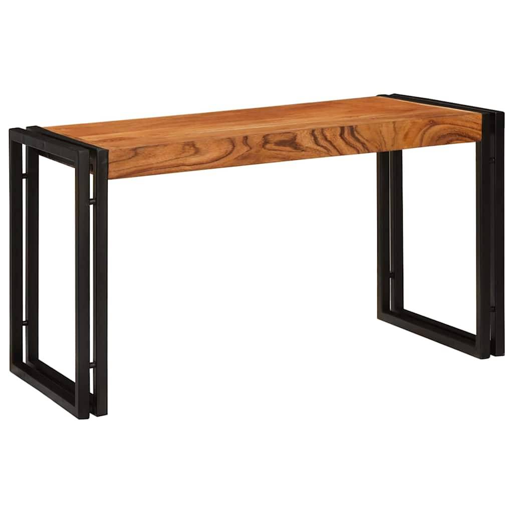 Ein Holztisch mit einer glatten Oberfläche und schwarzem Metallgestell, der ein minimalistisches, modernes Design aufweist.