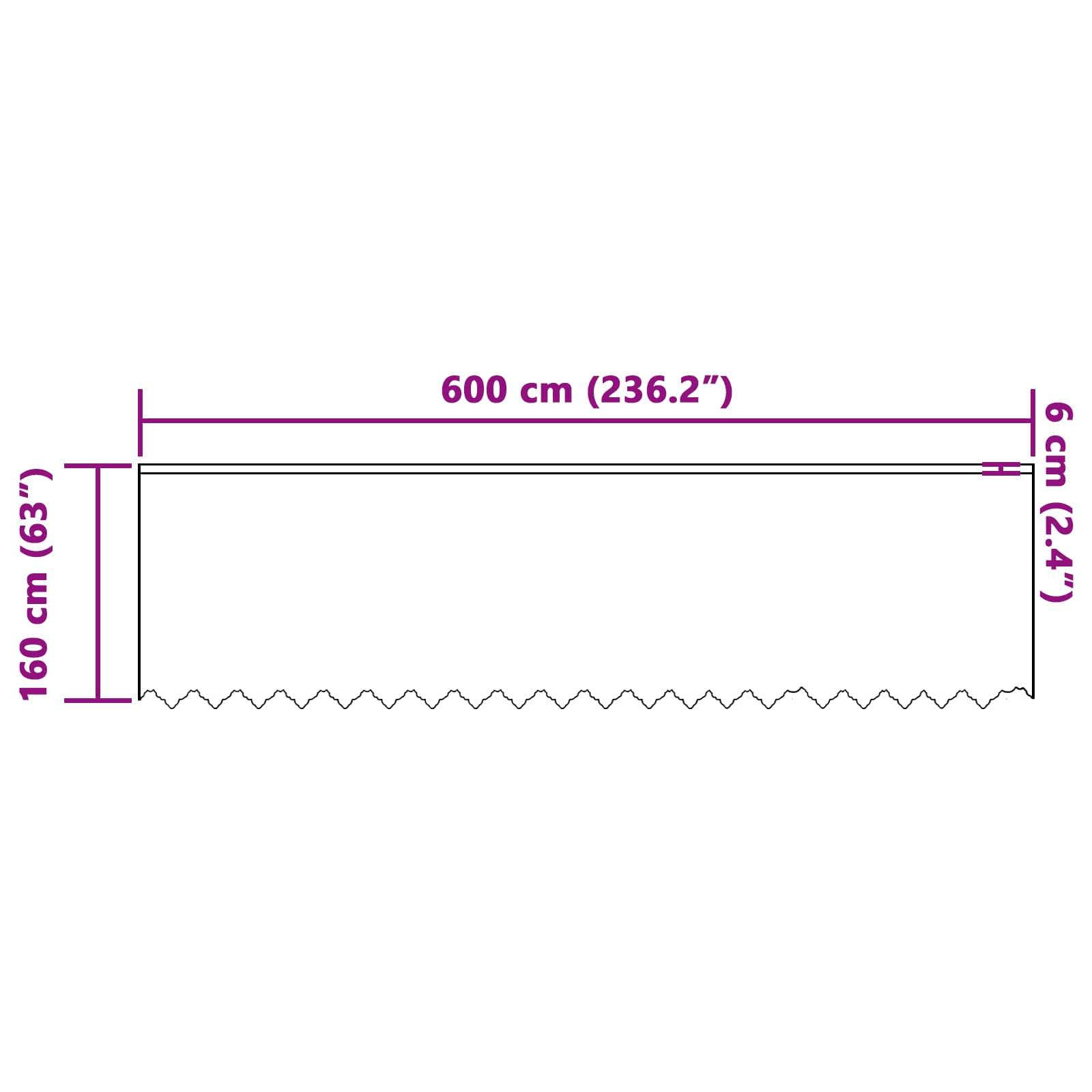 Diagramm eines rechteckigen Raums, 600 cm breit und 160 cm hoch, mit einem 6 cm breiten Rand.
